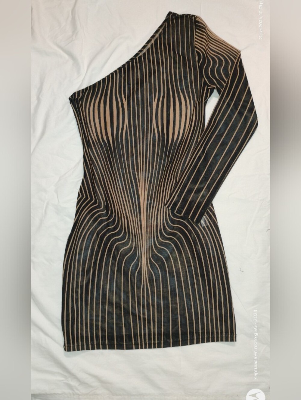 One-Shoulder Black and Tan Striped Mini Dress